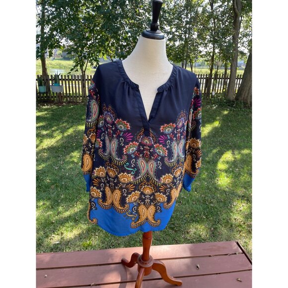 Plus Size 2X Paisley Print Blouse 3/4 Sleeve V-Neck Valerie Stevens Womens Flora - Picture 1 of 9